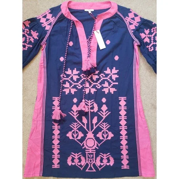 Nwt Frances Valentine Stephanie Tunic Dress Navy Pink Women's Size S Embroidery - Picture 2 of 9